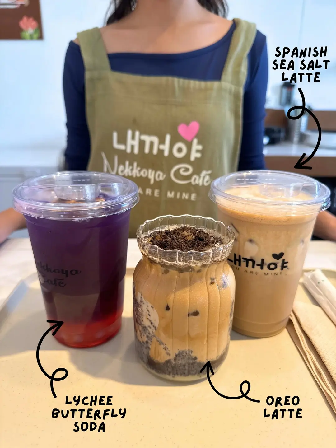 A row of labelled Nekkoya Café iced drinks