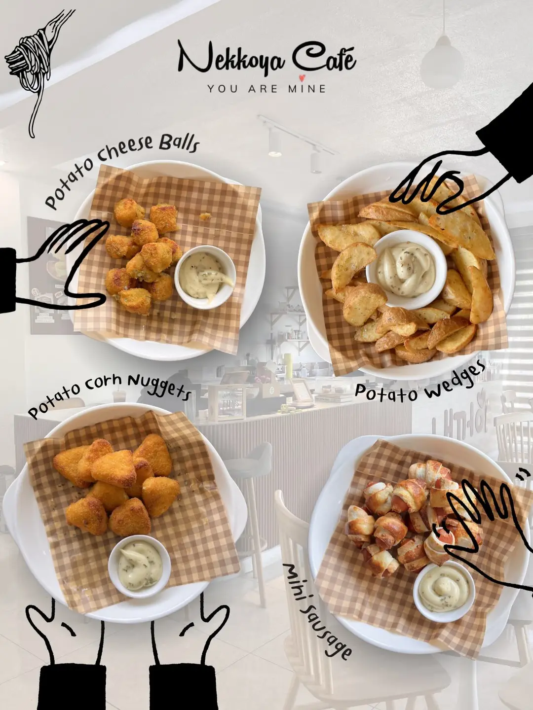 Potato cheese balls, corn nuggets, wedges and mini sausages with dips