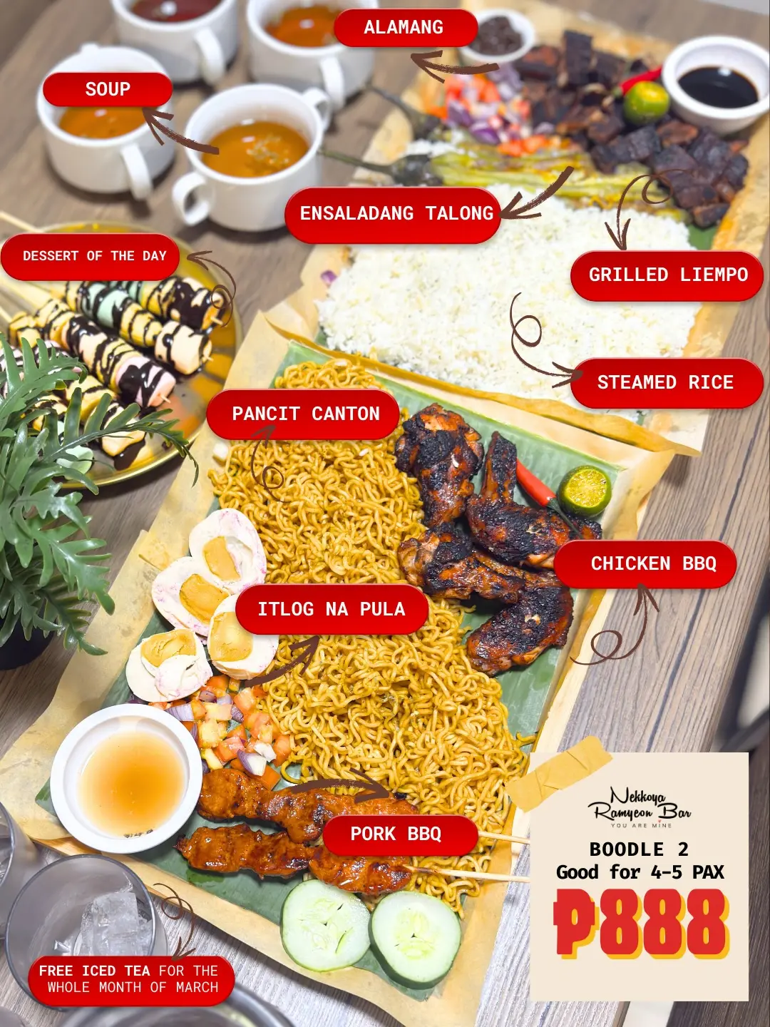 Boodle 2 spread for 4 to 5 people with double rice, BBQ and sides